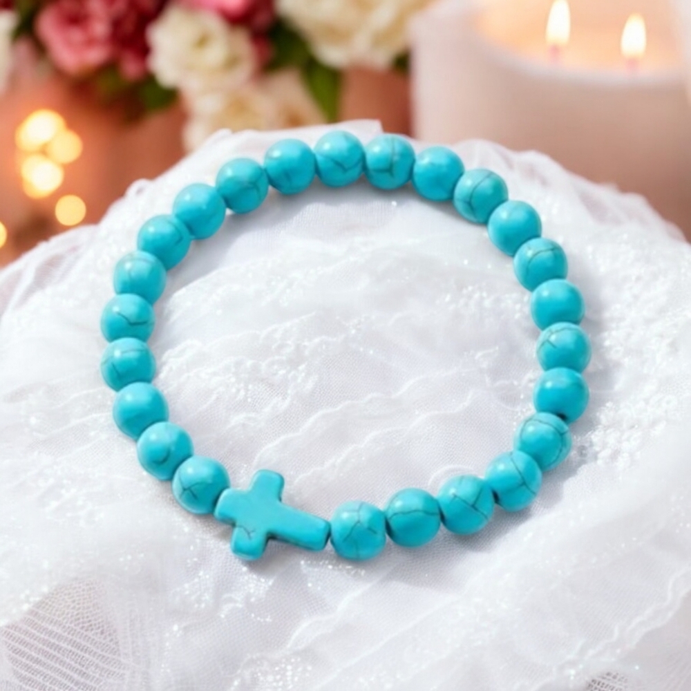 Lovely Faith Vintage-Inspired Turquoise Beaded‎ Bracelet with Cross Pendant